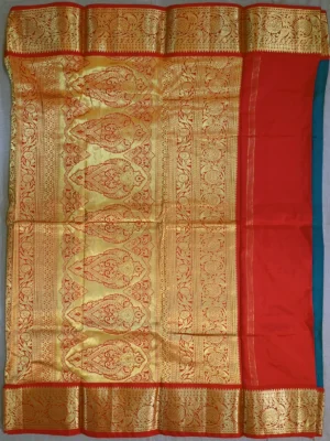 Pallu of peacock blue pure Katan silk saree