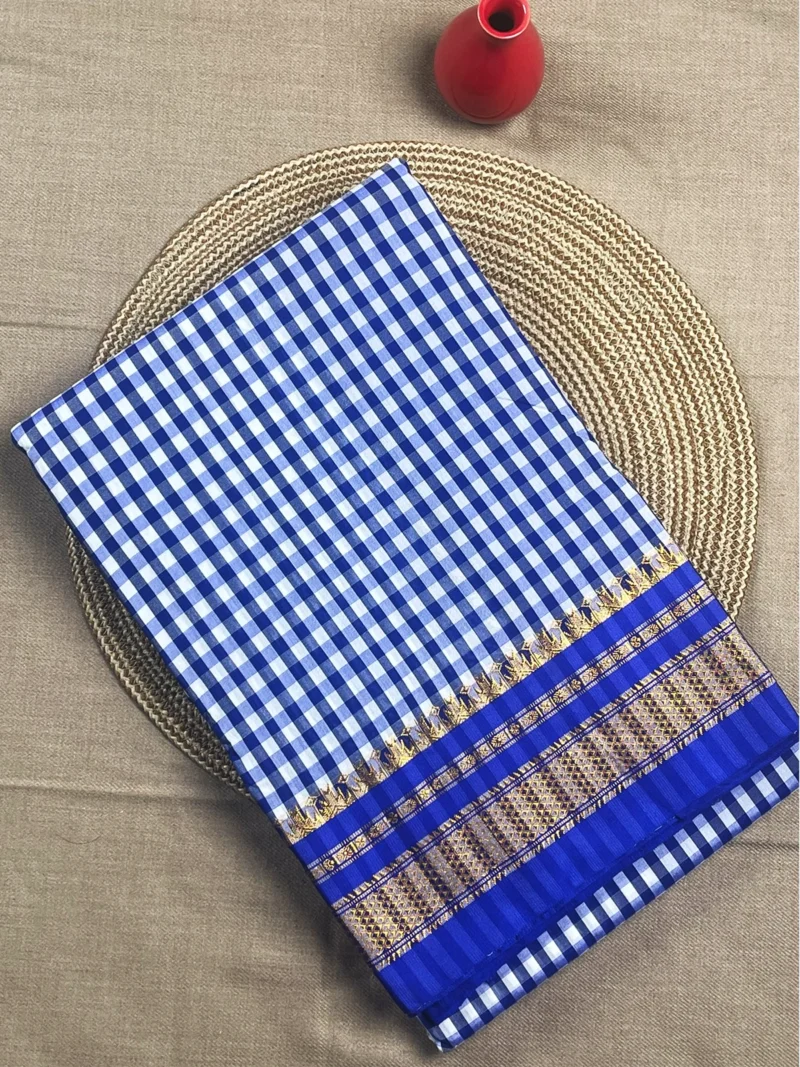 Blue small checks cotton Ilkal saree