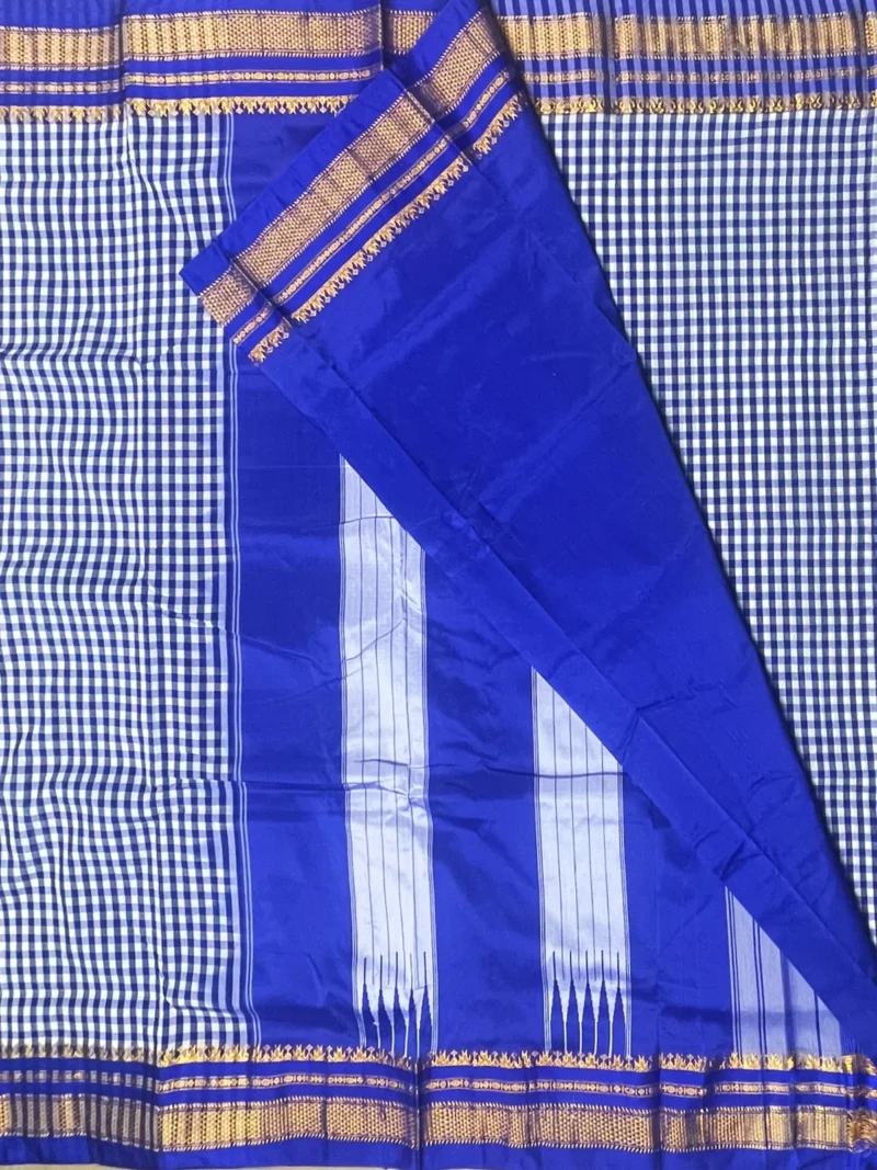 Blouse of blue small checks cotton Ilkal saree