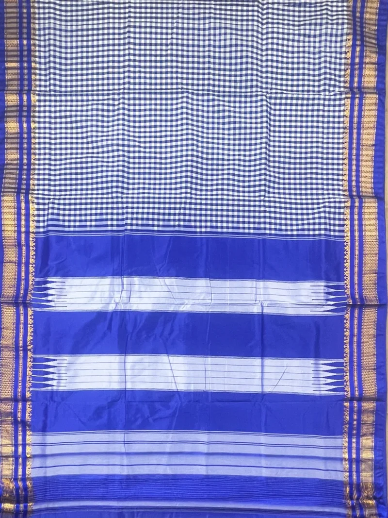 Pallu of blue small checks cotton Ilkal saree