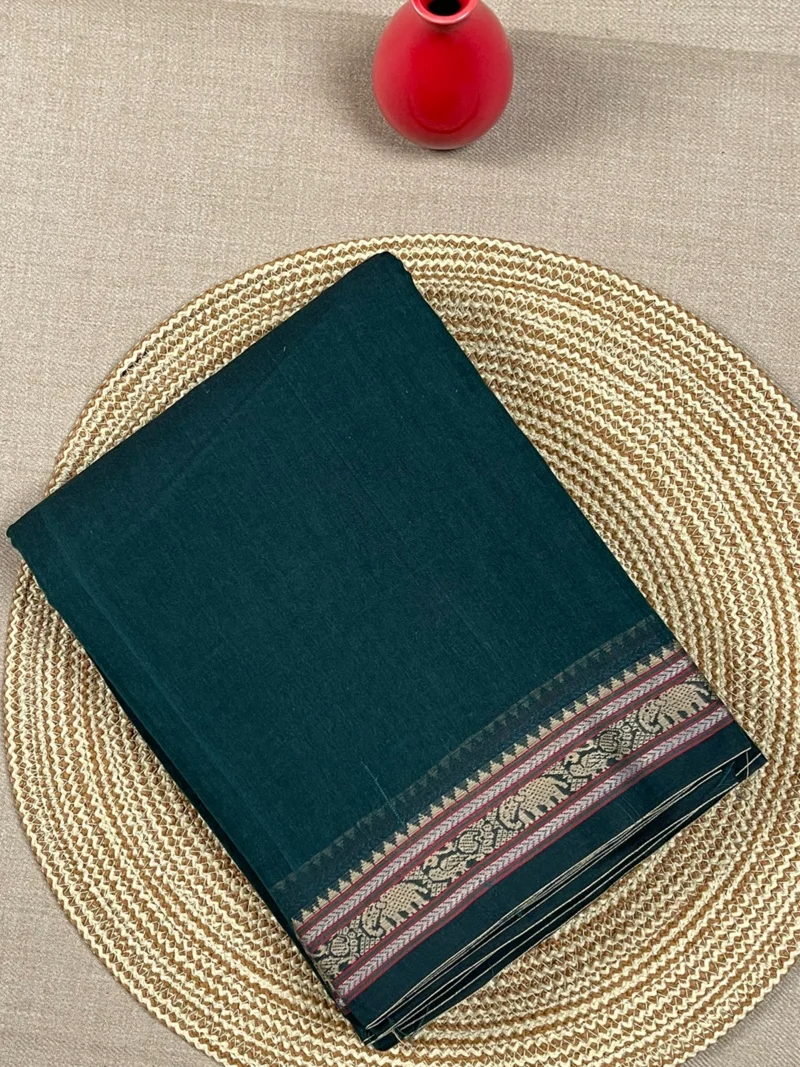 Bottle green cotton Narayan Peth saree with elephant border