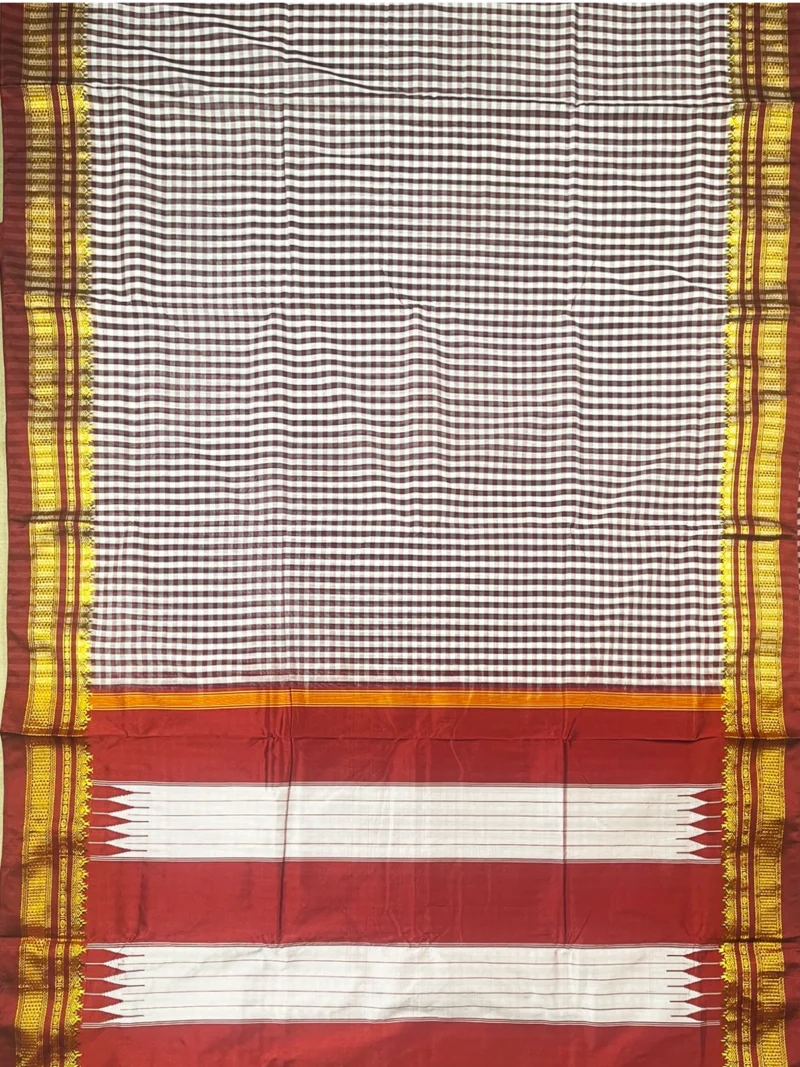 Pallu of coffee brown small checks cotton Ilkal saree