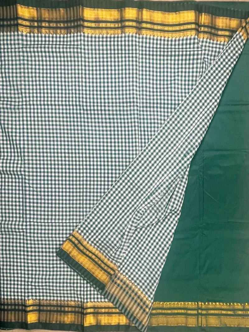 Blouse of green small checks cotton Ilkal saree
