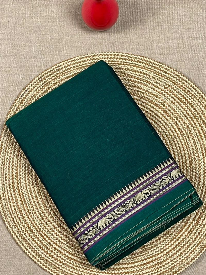 Green cotton Narayan Peth saree with elephant border