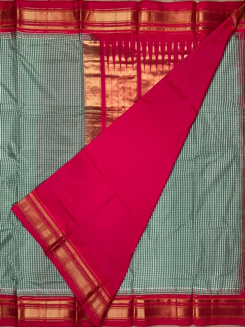 Blouse of green small checks pure silk Ilkal saree