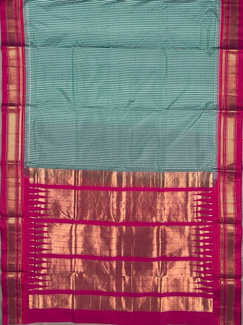 Pallu of green small checks pure silk Ilkal saree