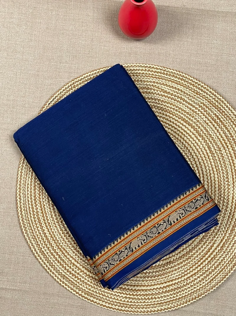 Navy blue cotton Narayan Peth saree with elephant border