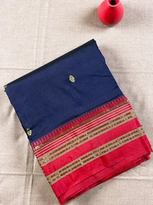 Navy blue pure silk Narayan Peth saree with red border
