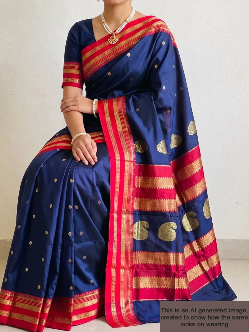Mannequin wearing navy blue Narayan Peth pure silk saree