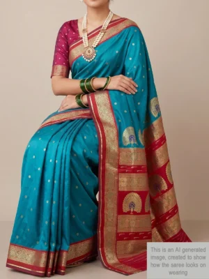 Mannequin wearing peacock blue semi Paithani