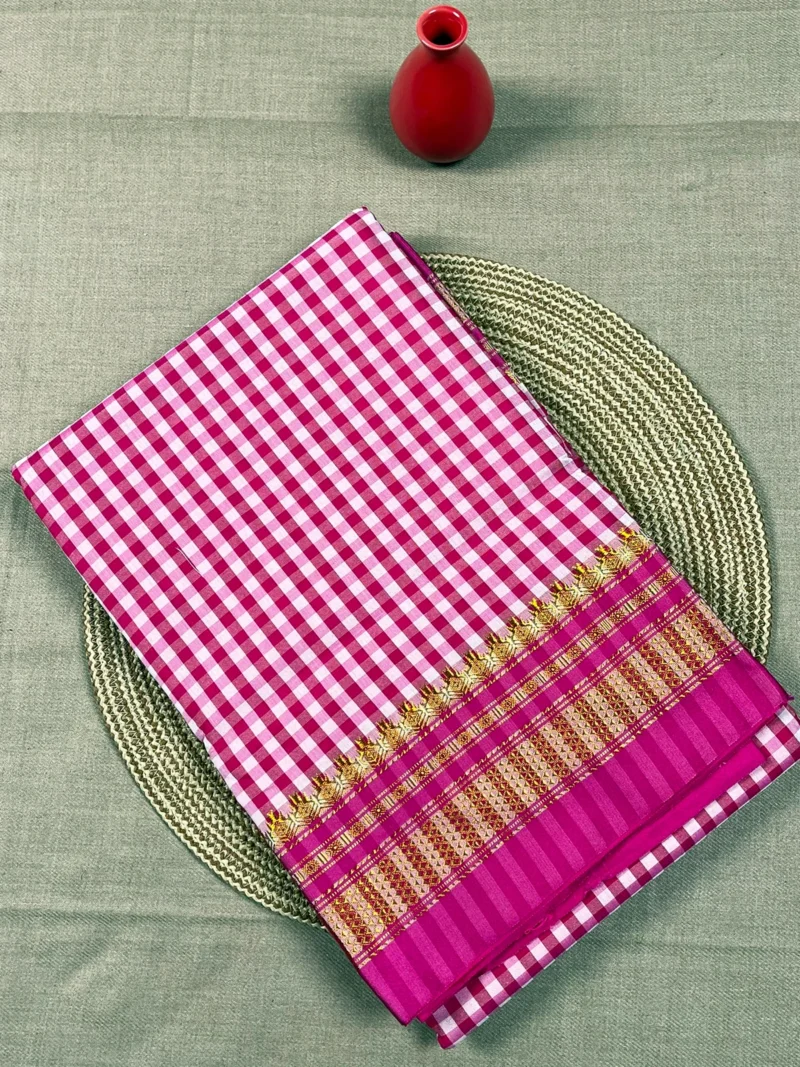 Pink small checks cotton Ilkal saree