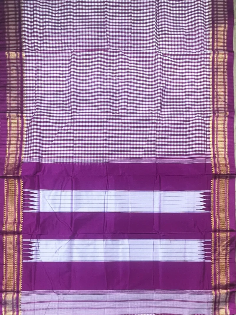 Pallu of purple small checks cotton ilkal saree