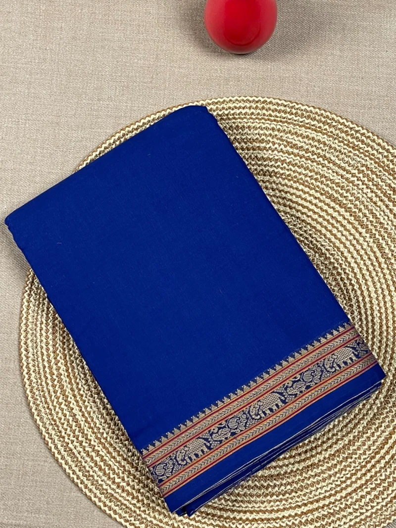 Royal blue cotton Narayan Peth saree with elephant border