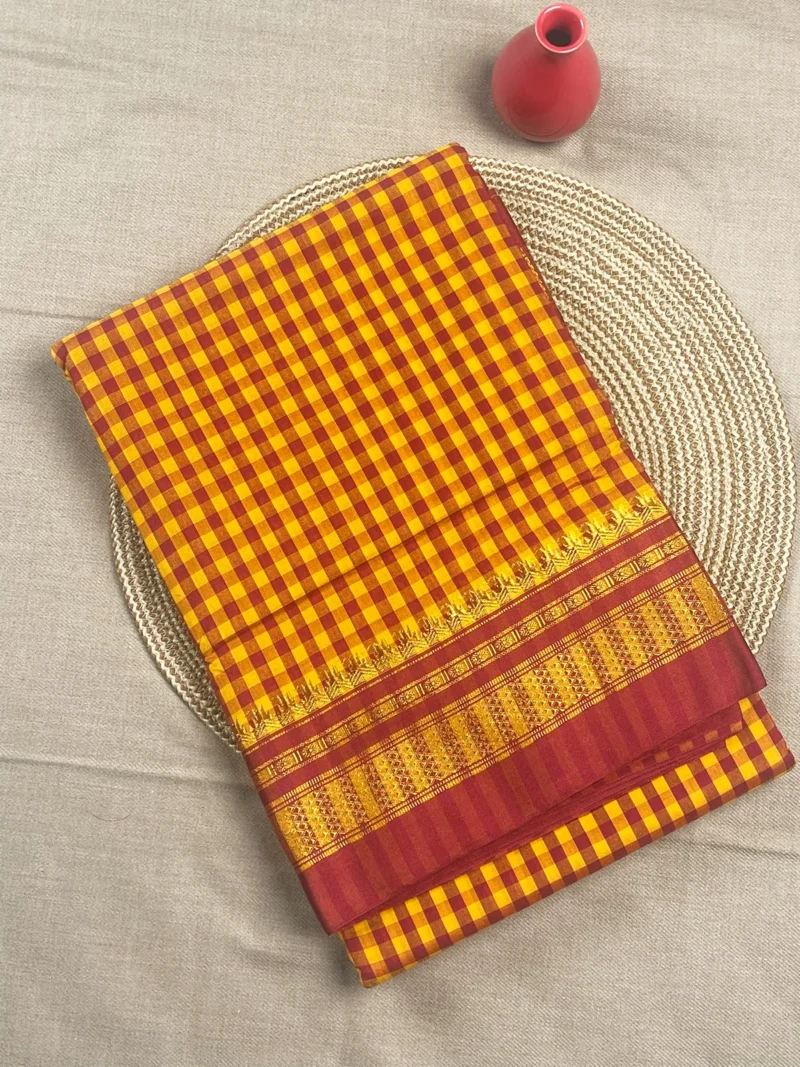 Yellow cotton Ilkal saree with maroon checks