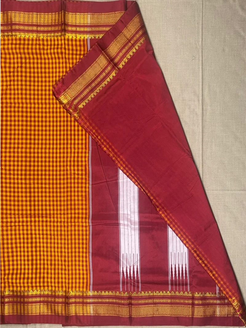 Blouse of yellow cotton Ilkal saree with maroon checks