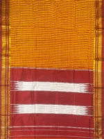 Pallu of yellow cotton Ilkal saree with maroon checks