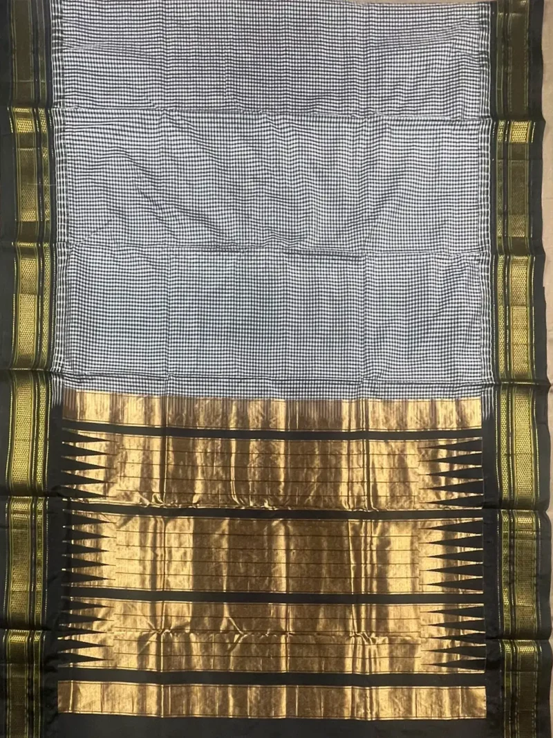 Pallu of Black micro checks pure silk Ilkal saree
