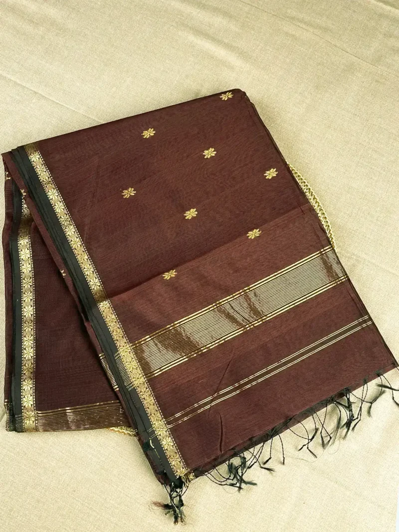 Chocolate brown silk-cotton Maheshwari saree