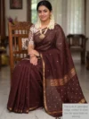 Mannequin wearing Chocolate brown silk-cotton Maheshwari saree
