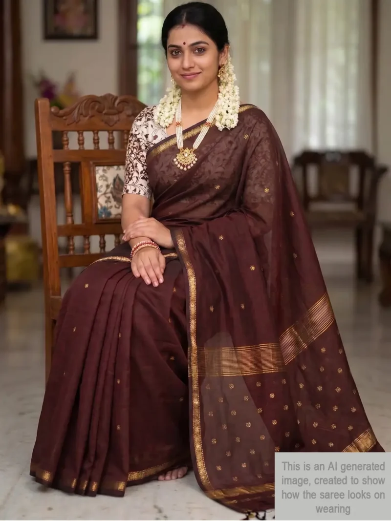Mannequin wearing Chocolate brown silk-cotton Maheshwari saree