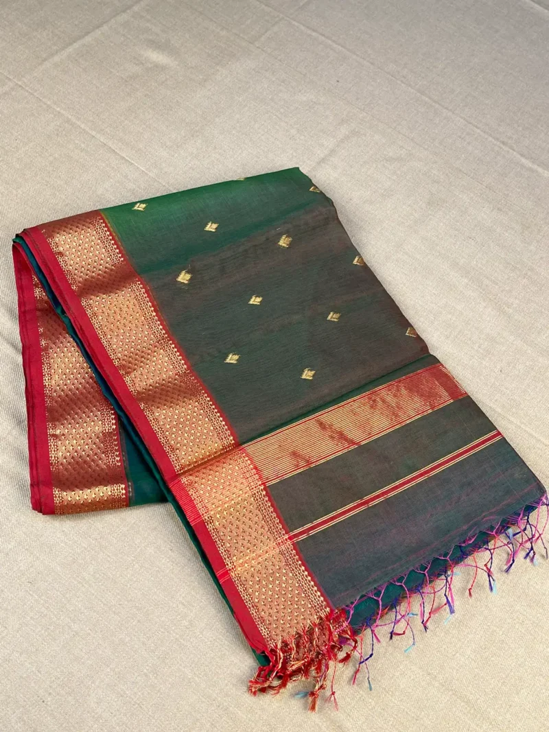 green-shaded-Maheshwari silk-cotton Green Shaded Maheshwari silk-cotton saree with butti