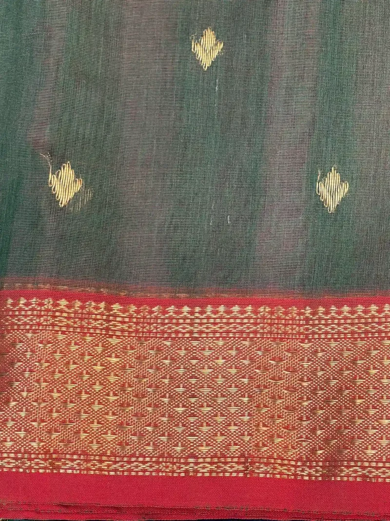 Border closeup of green Shaded Maheshwari silk-cotton saree with butti