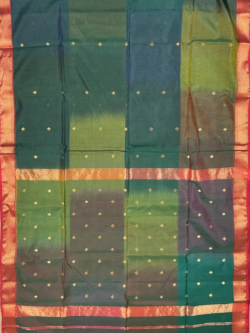 Pallu of green Shaded Maheshwari silk-cotton saree with butti
