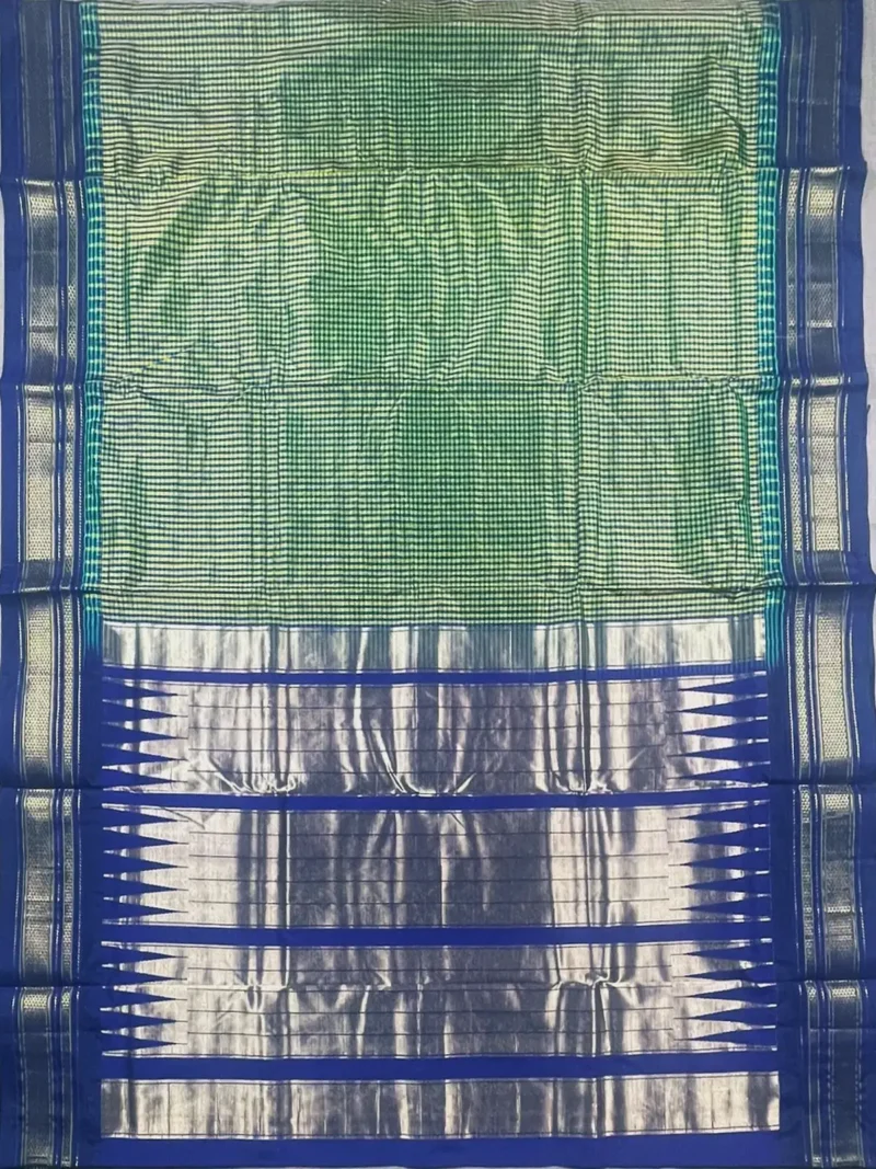 Pallu of Olive green with micro checks pure silk Ilkal saree