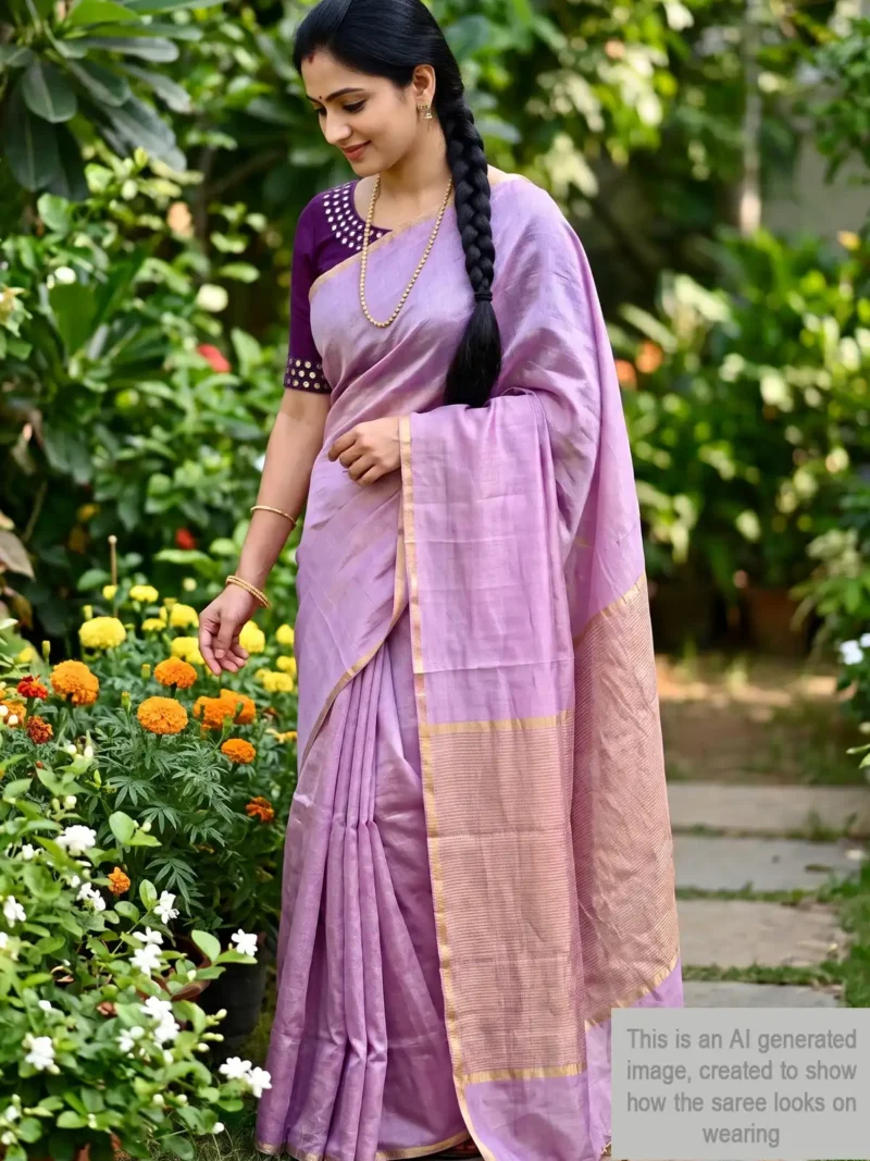 Mannequin wearing lavender plain tissue-cotton Maheshwari saree