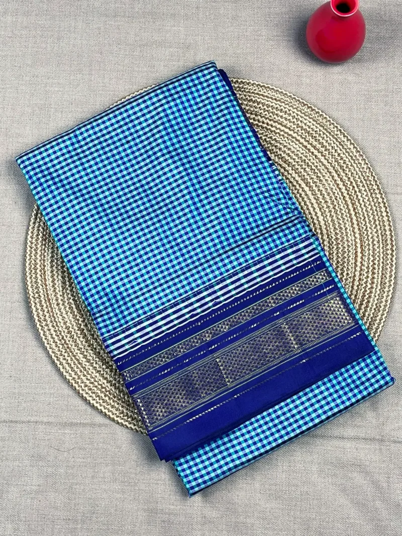 Light blue with micro checks and blue border pure silk Ilkal saree