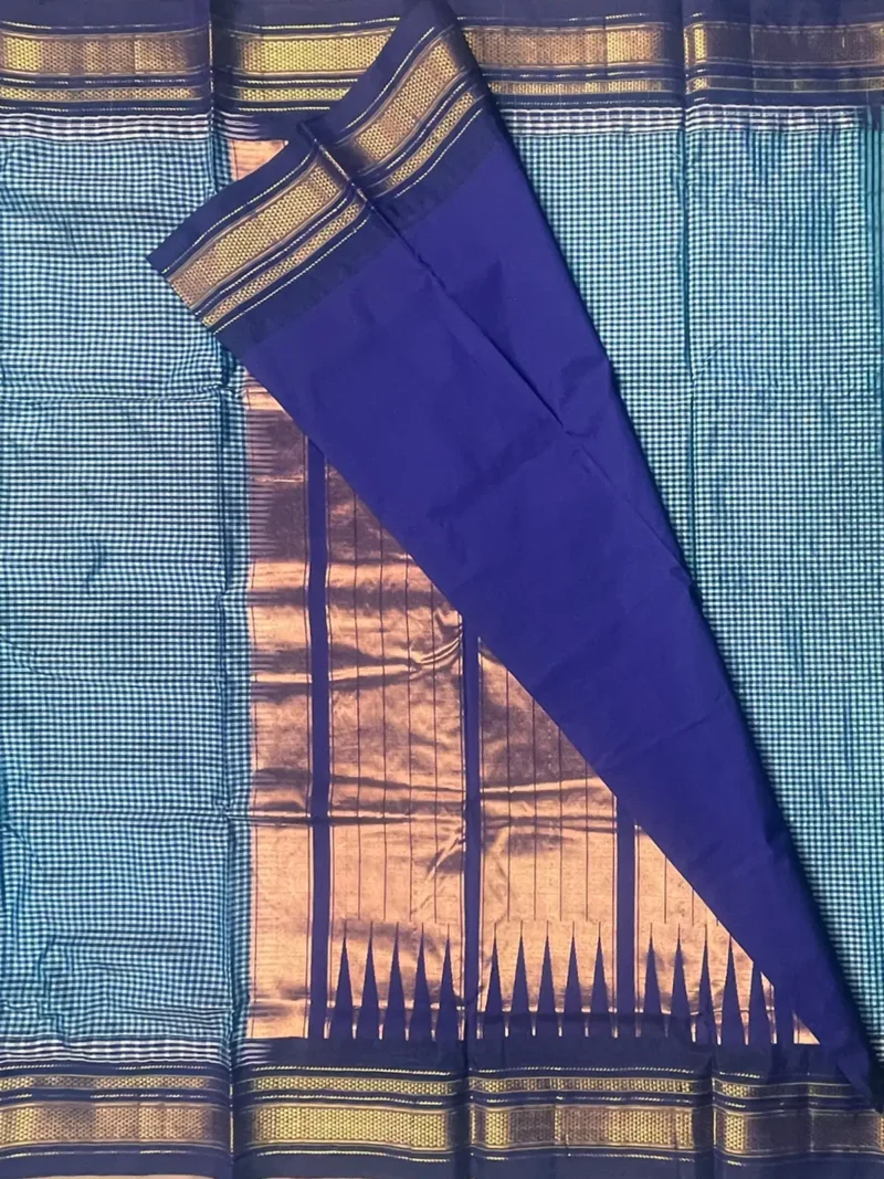 Blouse of Light blue with micro checks and blue border pure silk Ilkal saree