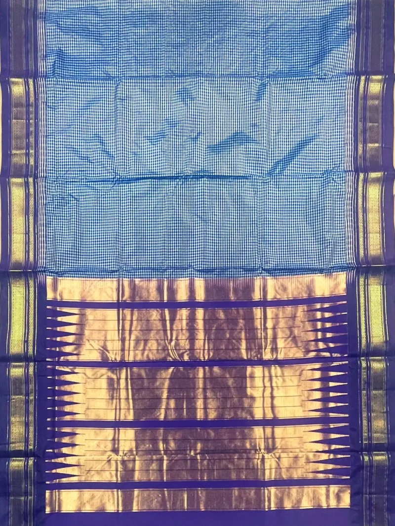 Pallu of Light blue with micro checks and blue border pure silk Ilkal saree
