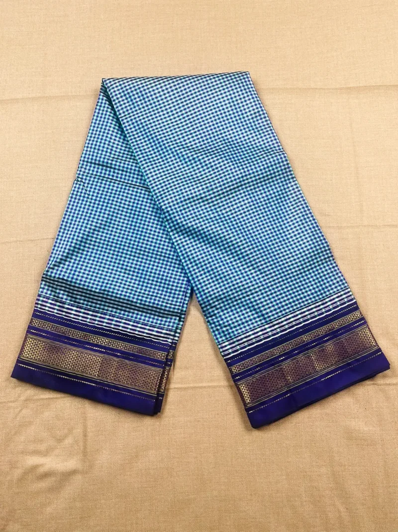 Light blue with micro checks and blue border pure silk Ilkal saree