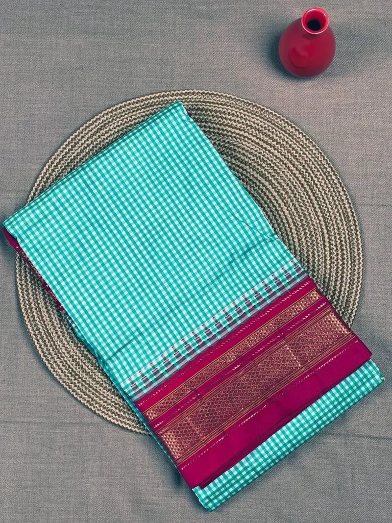 Pistachio Ilkal pure silk saree with micro checks and red border