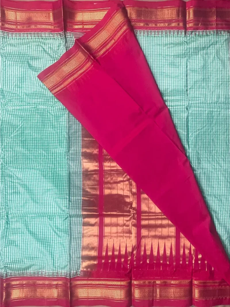 Blouse of Pistachio Ilkal pure silk saree with micro checks and red border