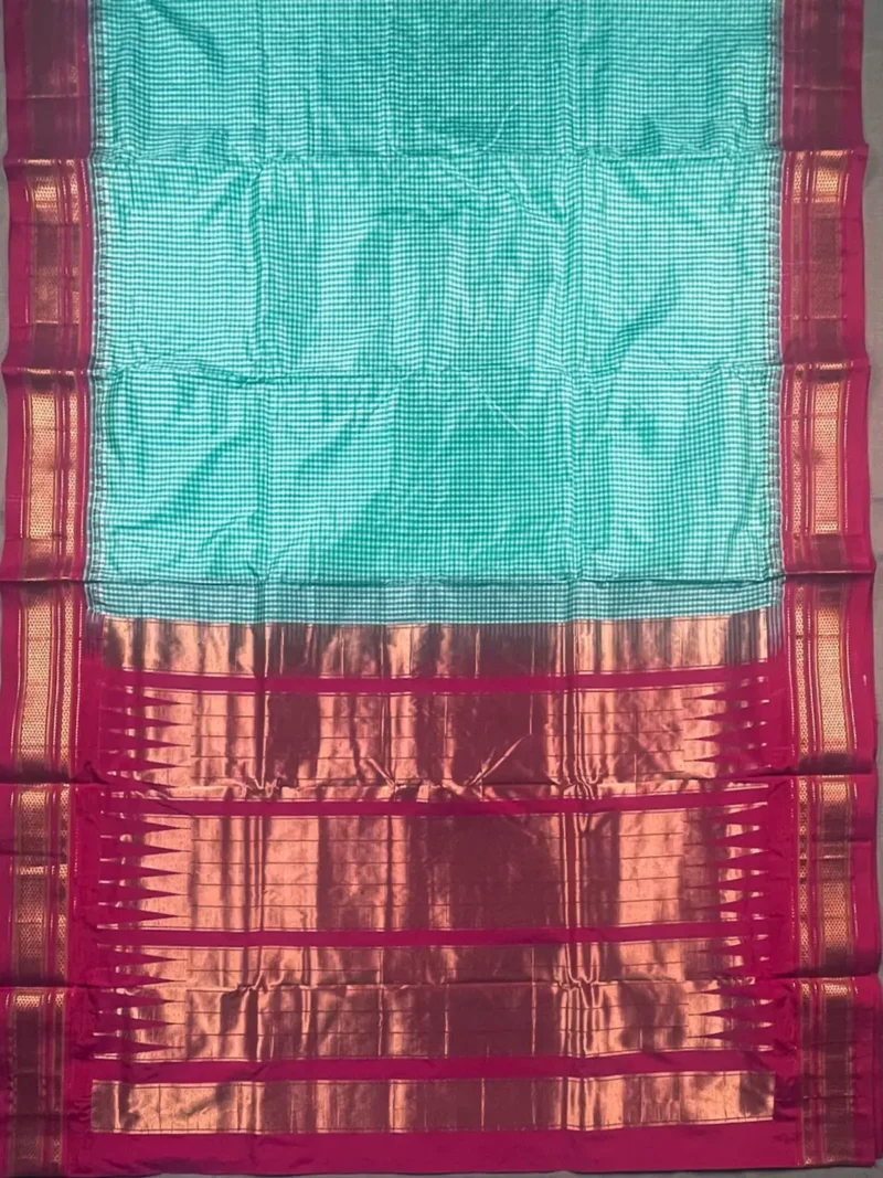 Pallu of Pistachio Ilkal pure silk saree with micro checks and red border