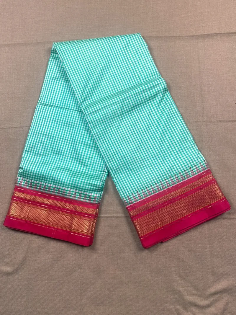 Pistachio Ilkal pure silk saree with micro checks and red border
