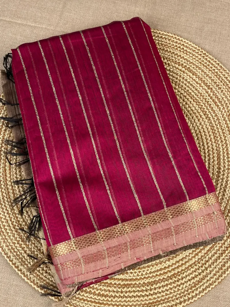 Maroon Maheshwari silk cotton saree with thread lines