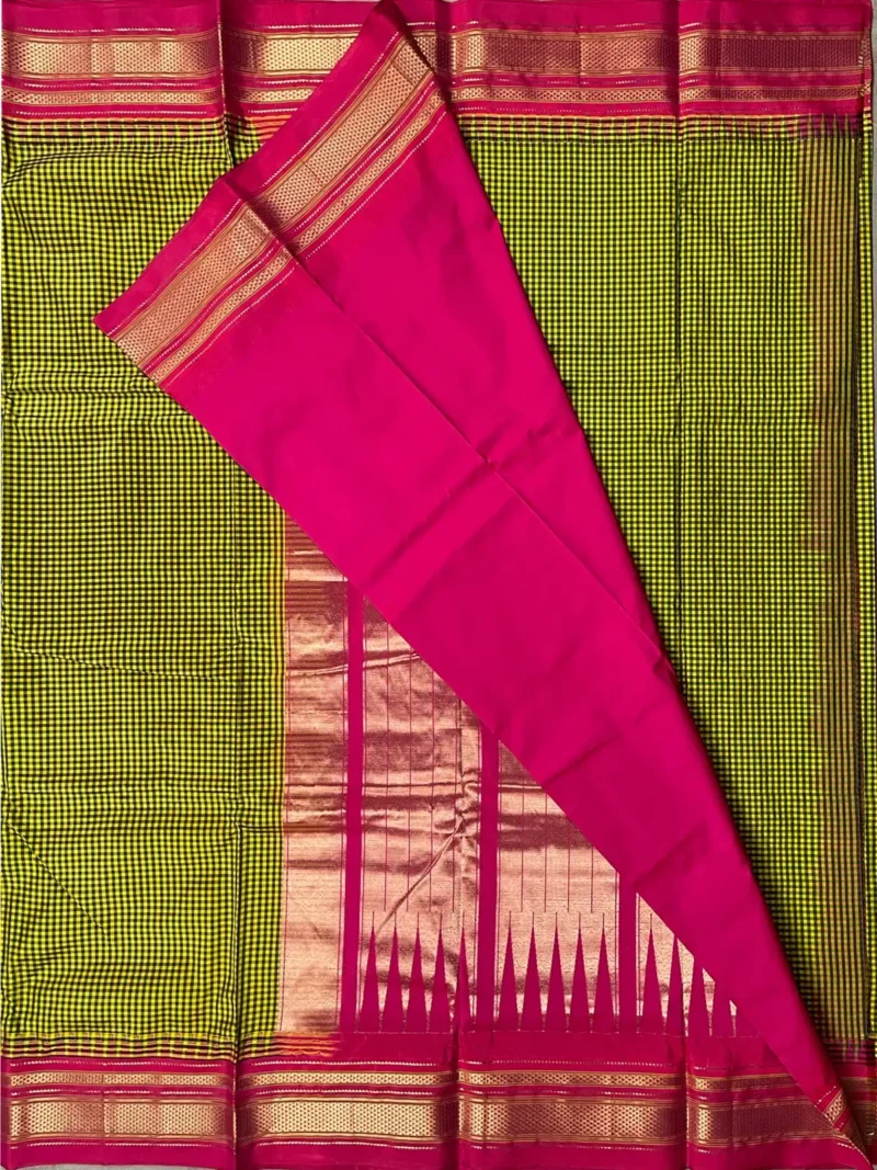 Blouse of Mustard yellow with micro checks and red border pure silk Ilkal saree