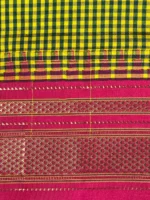 Border closeup of Mustard yellow with micro checks and red border pure silk Ilkal saree