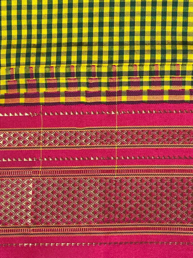 Border closeup of Mustard yellow with micro checks and red border pure silk Ilkal saree