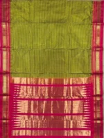 Pallu of Mustard yellow with micro checks and red border pure silk Ilkal saree