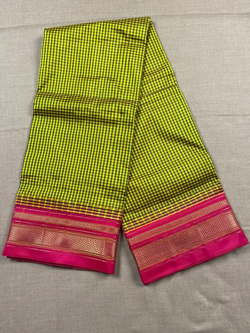 Mustard yellow with micro checks and red border pure silk Ilkal saree
