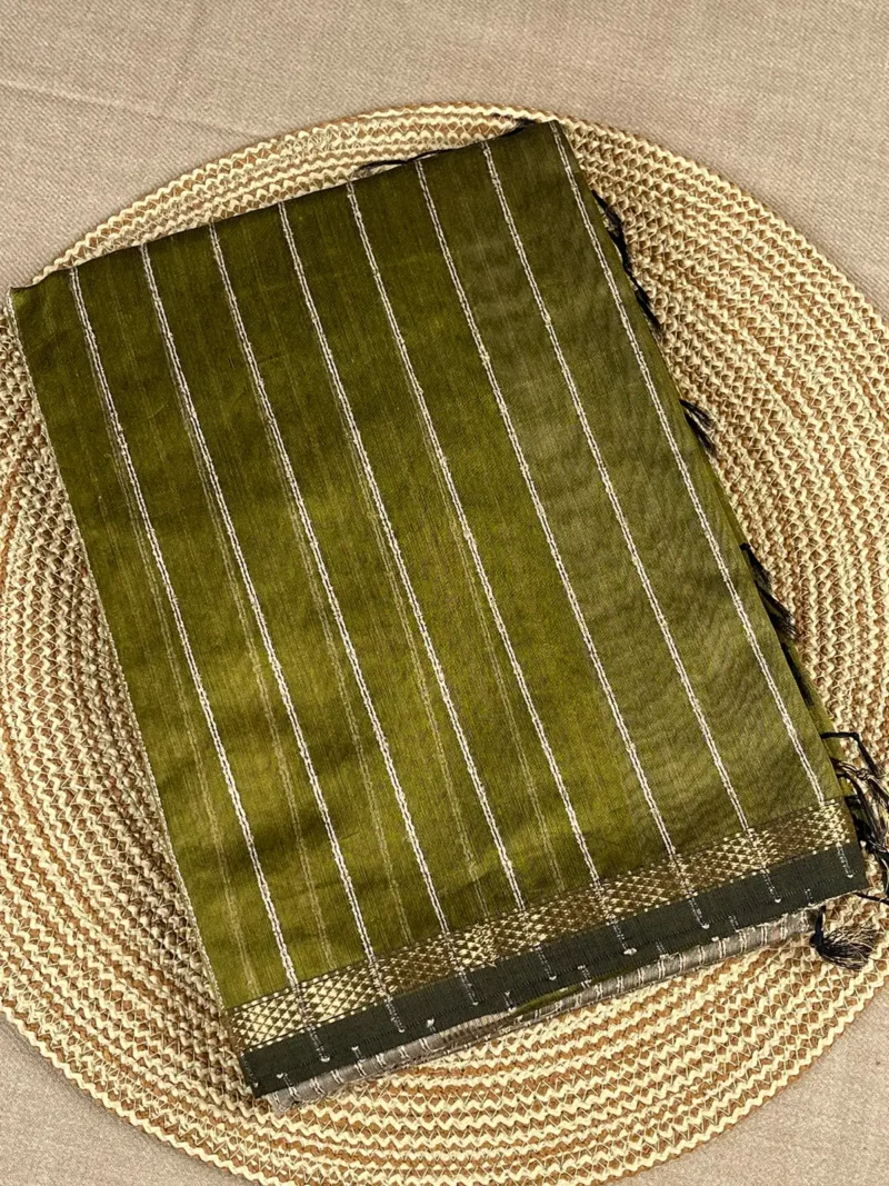 olive green-thread-lines-maheshwari-silk-cotton Olive green Maheshwari silk cotton saree with thread lines