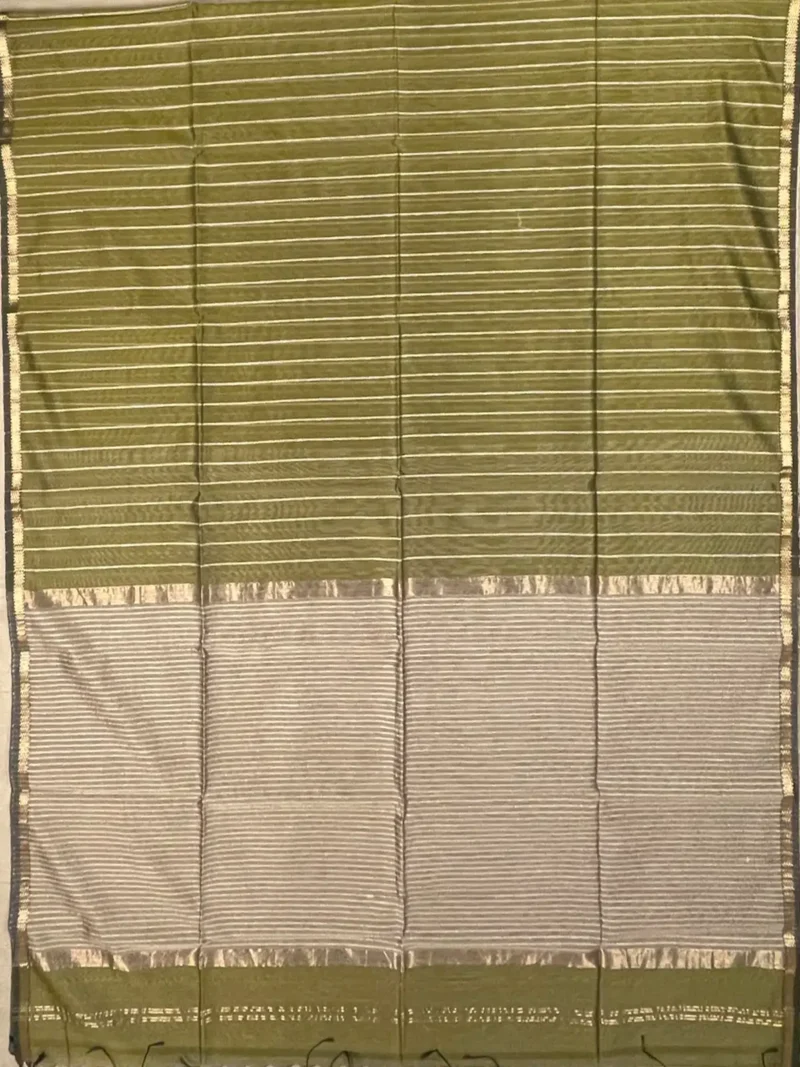 Pallu of olive green Maheshwari silk cotton saree with thread lines