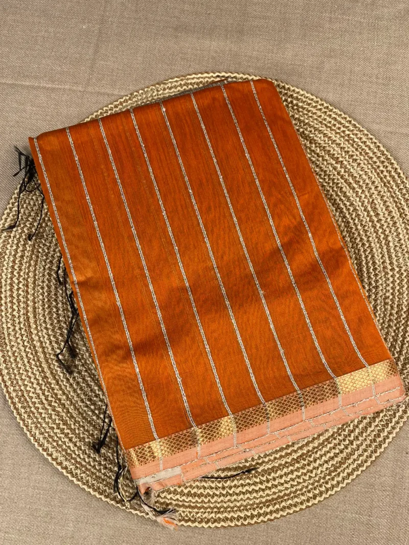orange-thread-lines-maheshwari-silk-cotton Orange Maheshwari silk cotton saree with thread lines