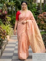peach colour-plain tissue cotton Maheshwari-mannequin Mannequin wearing peach colour plain tissue-cotton Maheshwari saree