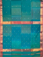 Pallu of peacock blue Shaded Maheshwari silk-cotton saree with butti