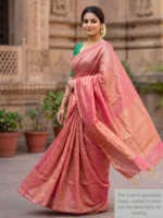 pink-plain tissue cotton Maheshwari-mannequin Mannequin wearing pink plain tissue-cotton Maheshwari saree