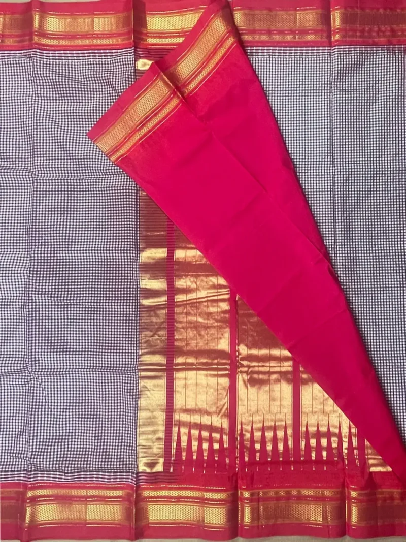 Blouse of Pink with micro checks and red border pure silk Ilkal saree